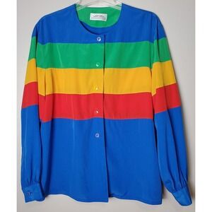 Vintage Lilli Ann Rainbow Striped Button Long Sleeve Blouse Union‎ Maximalist